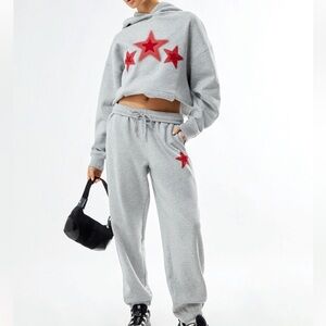 PacSun Star Classic Gray Set Sweatpants Hoodie Red Accents Stars Loose Fit L M